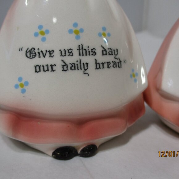 Vintage Enesco Praying Girls Ladies Salt & Pepper Pink Dresses. Give us This Day - Picture 9 of 11